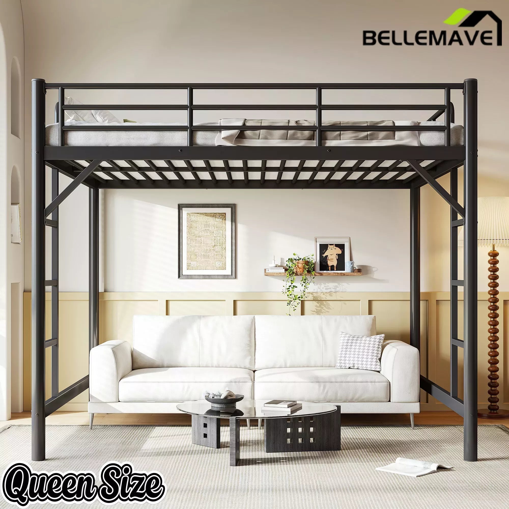 Bellemave® Metal Loft Bed with Ladder & Guardrails – Space-Saving Loft Bed Frame for Small Room, No Box Spring Needed - Bellemave