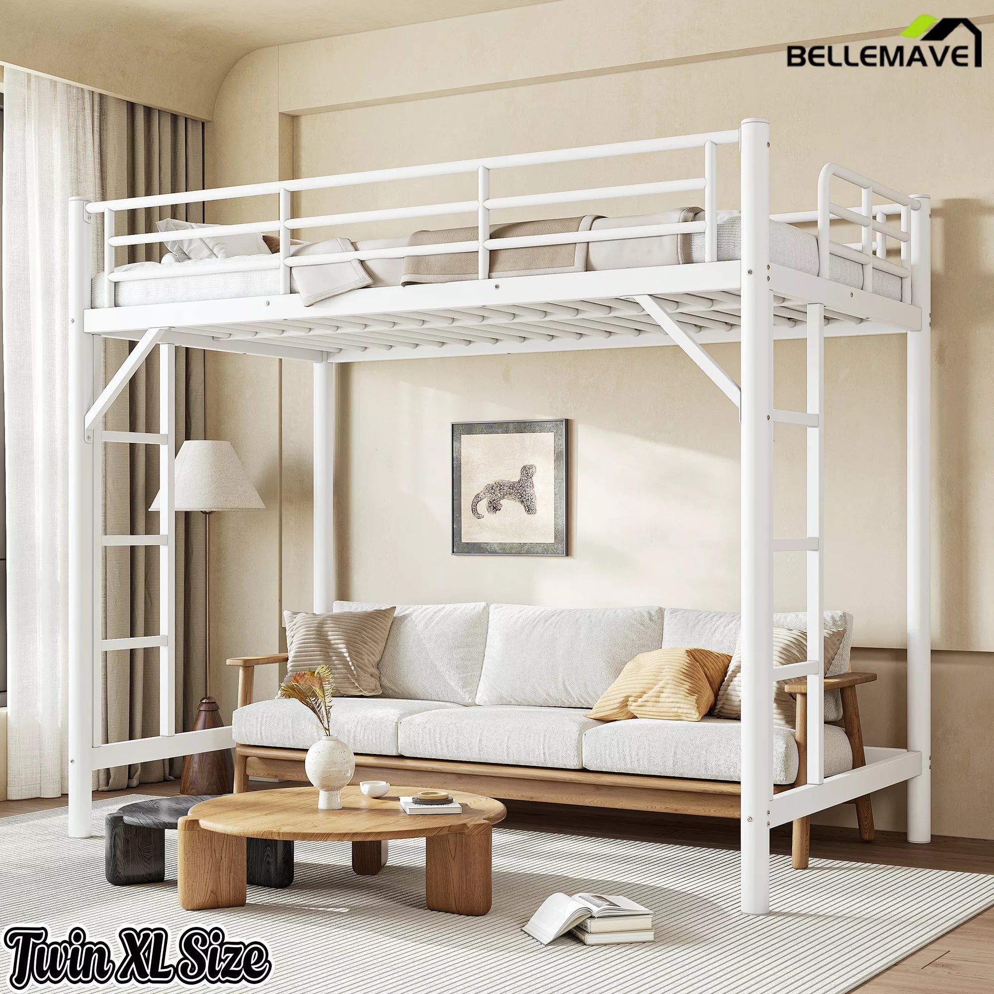 Bellemave® Metal Loft Bed with Ladder & Guardrails – Space-Saving Loft Bed Frame for Small Room, No Box Spring Needed - Bellemave
