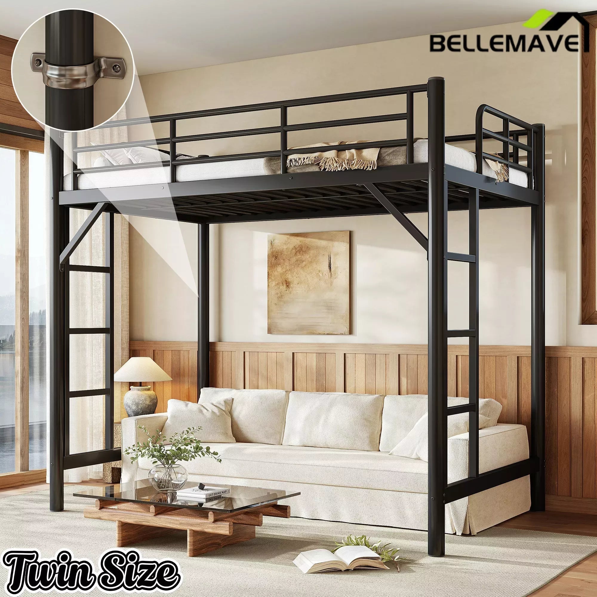 Bellemave® Metal Loft Bed with Ladder & Guardrails – Space-Saving Loft Bed Frame for Small Room, No Box Spring Needed - Bellemave