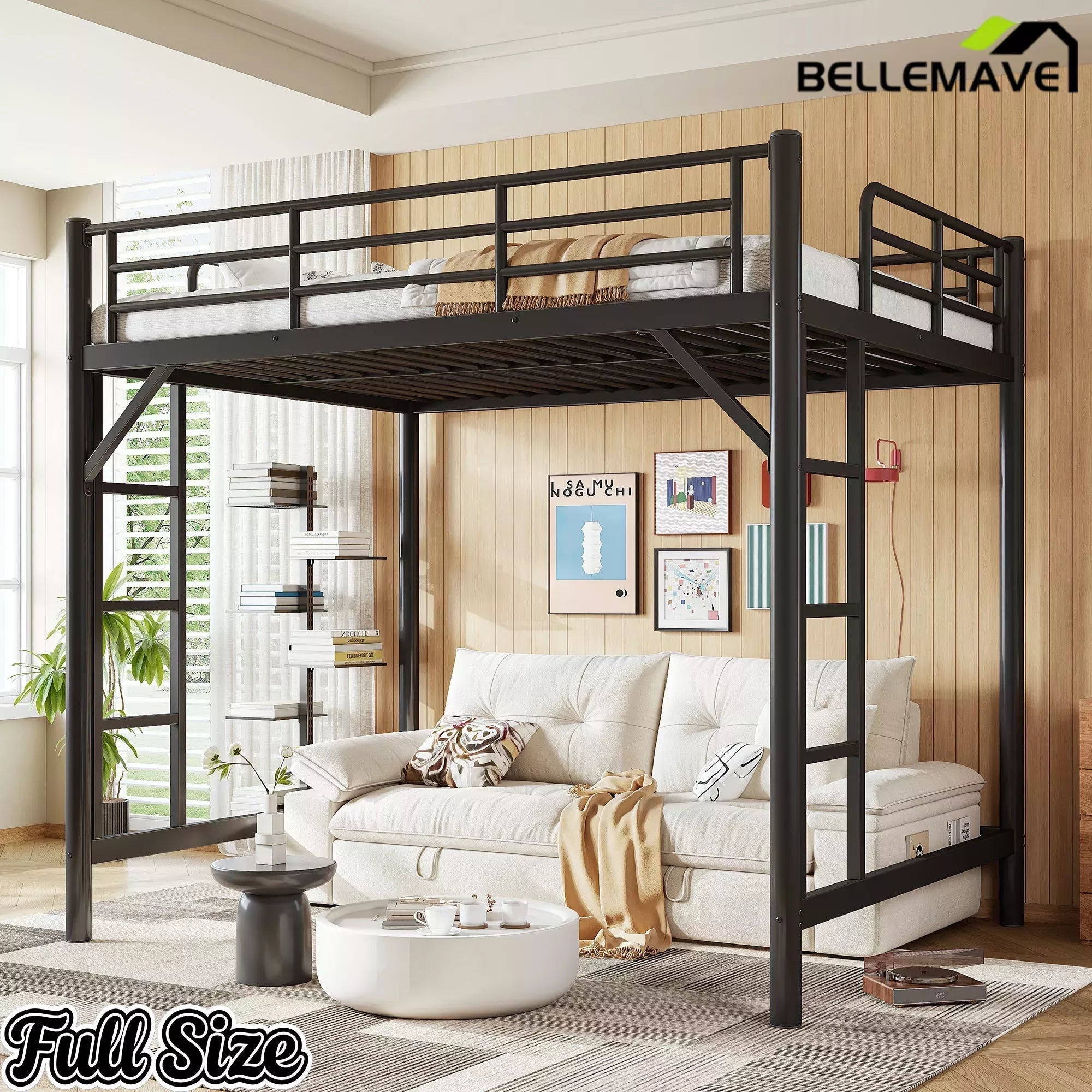 Bellemave® Metal Loft Bed with Ladder & Guardrails – Space-Saving Loft Bed Frame for Small Room, No Box Spring Needed - Bellemave