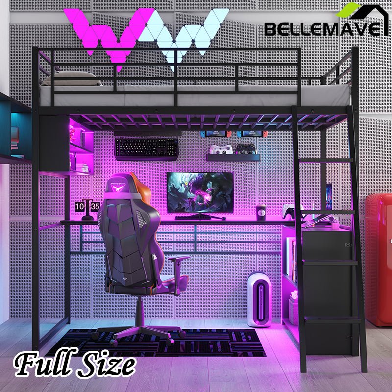 Bellemave® Metal Loft Bed with LED, Desk and 4 Storage Shelves - Bellemave