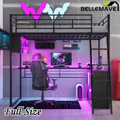 Bellemave® Metal Loft Bed with LED, Desk and 4 Storage Shelves - Bellemave