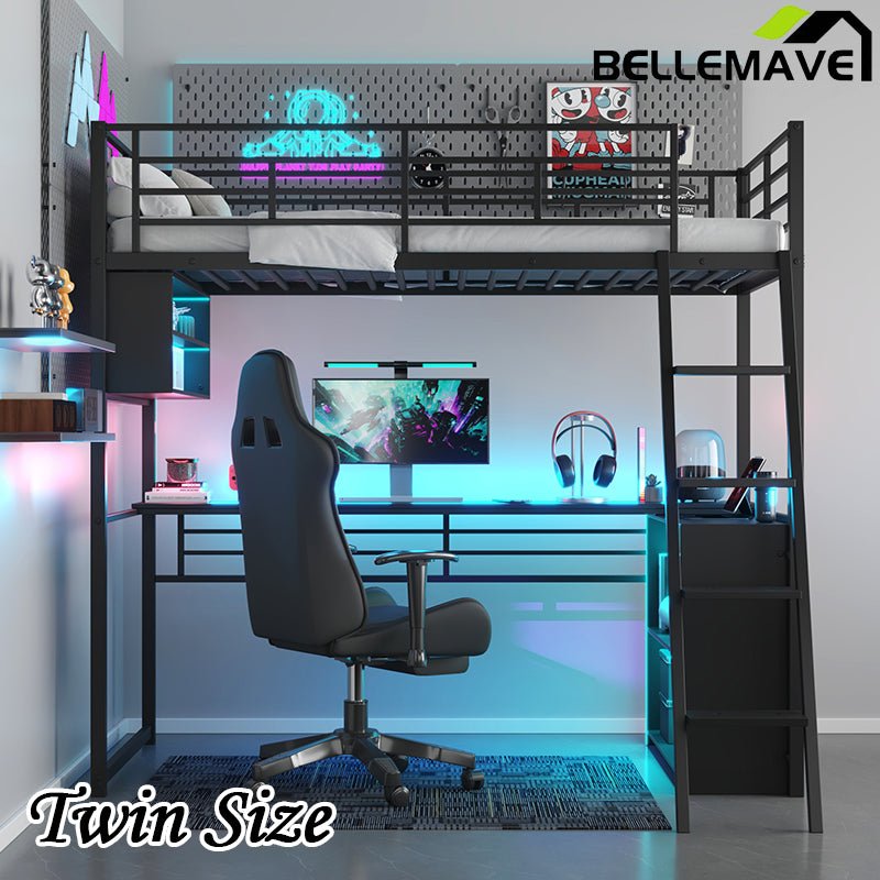 Bellemave® Metal Loft Bed with LED, Desk and 4 Storage Shelves - Bellemave