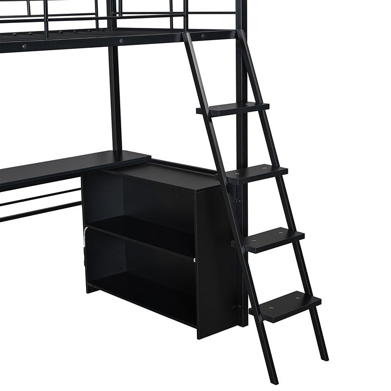 Bellemave® Metal Loft Bed with LED, Desk and 4 Storage Shelves - Bellemave