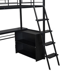Bellemave® Metal Loft Bed with LED, Desk and 4 Storage Shelves - Bellemave