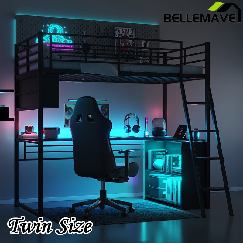 Bellemave® Metal Loft Bed with LED, Desk and 4 Storage Shelves - Bellemave