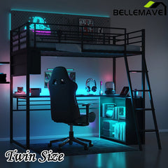 Bellemave® Metal Loft Bed with LED, Desk and 4 Storage Shelves - Bellemave