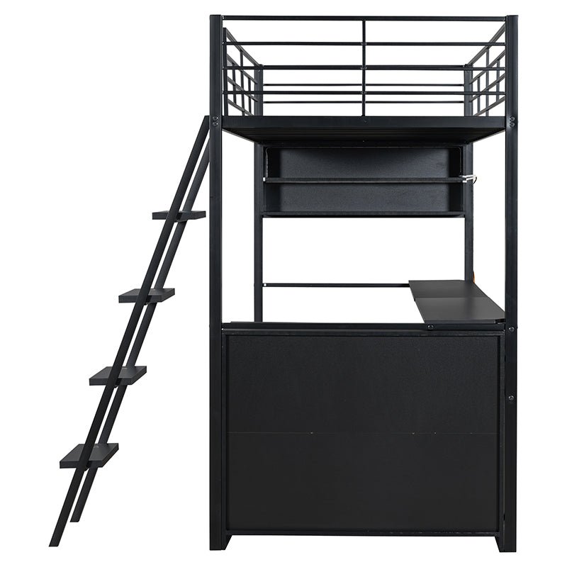 Bellemave® Metal Loft Bed with LED, Desk and 4 Storage Shelves - Bellemave