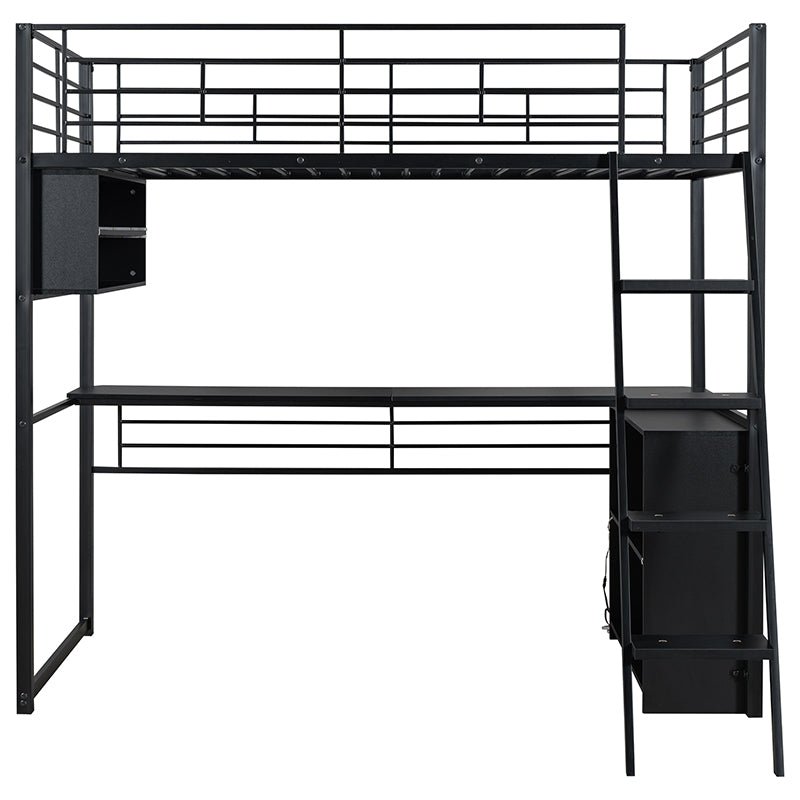 Bellemave® Metal Loft Bed with LED, Desk and 4 Storage Shelves - Bellemave