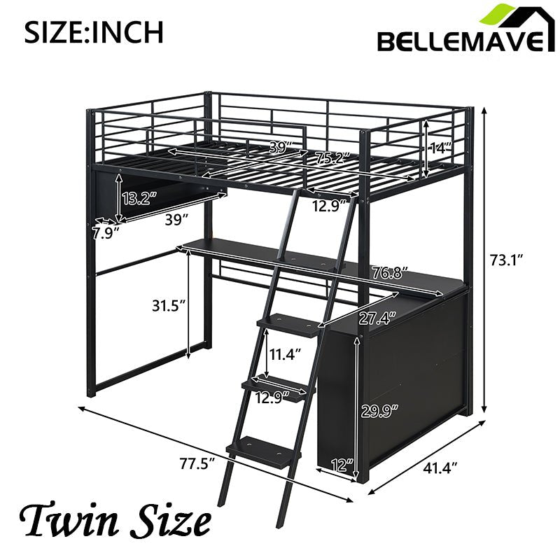 Bellemave® Metal Loft Bed with LED, Desk and 4 Storage Shelves - Bellemave