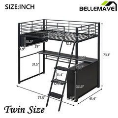 Bellemave® Metal Loft Bed with LED, Desk and 4 Storage Shelves - Bellemave