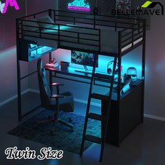 Bellemave® Metal Loft Bed with LED, Desk and 4 Storage Shelves - Bellemave