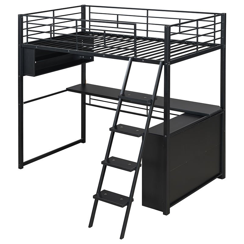 Bellemave® Metal Loft Bed with LED, Desk and 4 Storage Shelves - Bellemave