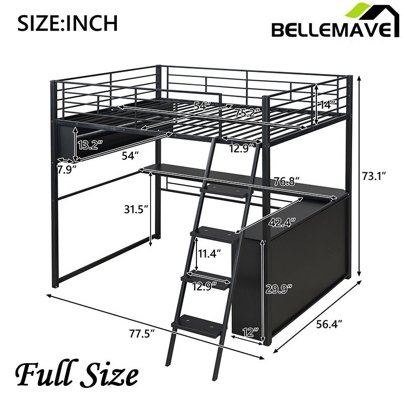 Bellemave® Metal Loft Bed with LED, Desk and 4 Storage Shelves - Bellemave