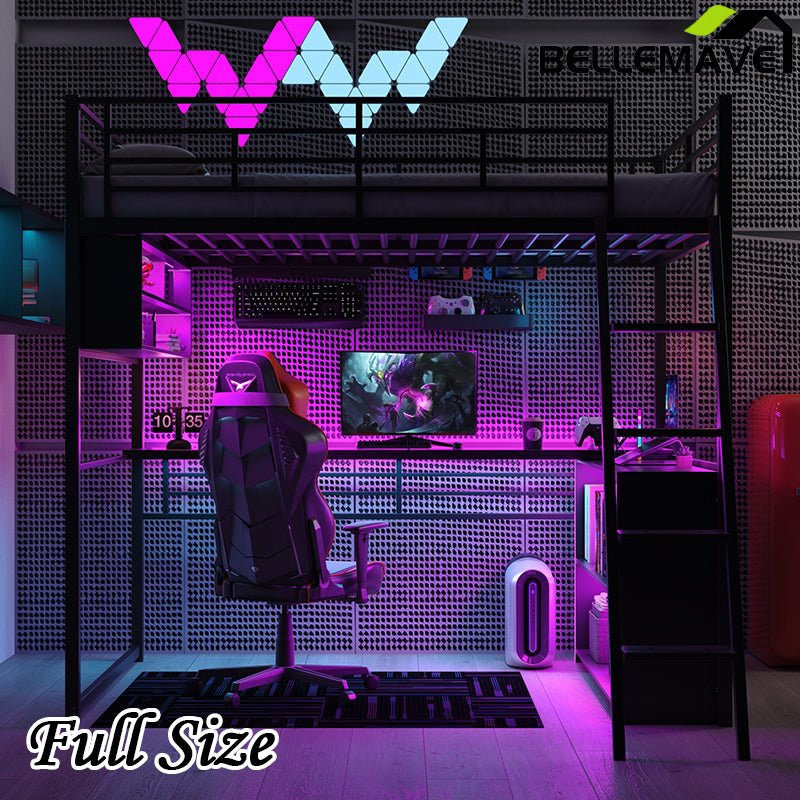 Bellemave® Metal Loft Bed with LED, Desk and 4 Storage Shelves - Bellemave