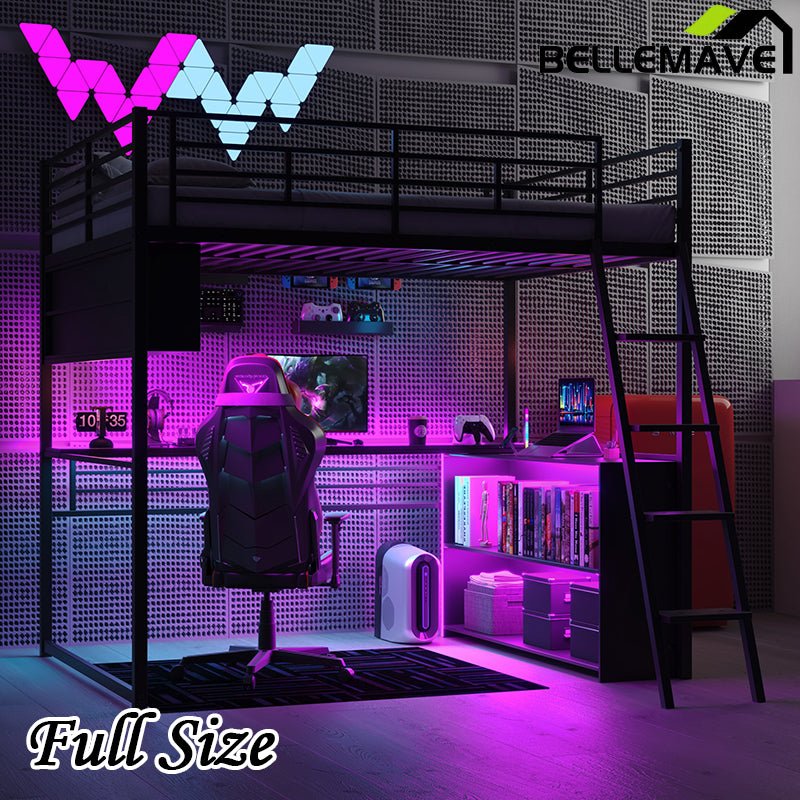 Bellemave® Metal Loft Bed with LED, Desk and 4 Storage Shelves - Bellemave