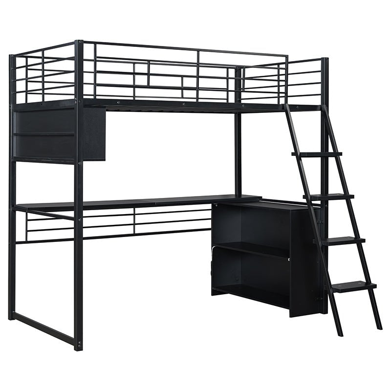 Bellemave® Metal Loft Bed with LED, Desk and 4 Storage Shelves - Bellemave
