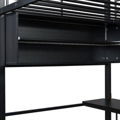 Bellemave® Metal Loft Bed with LED, Desk and 4 Storage Shelves - Bellemave