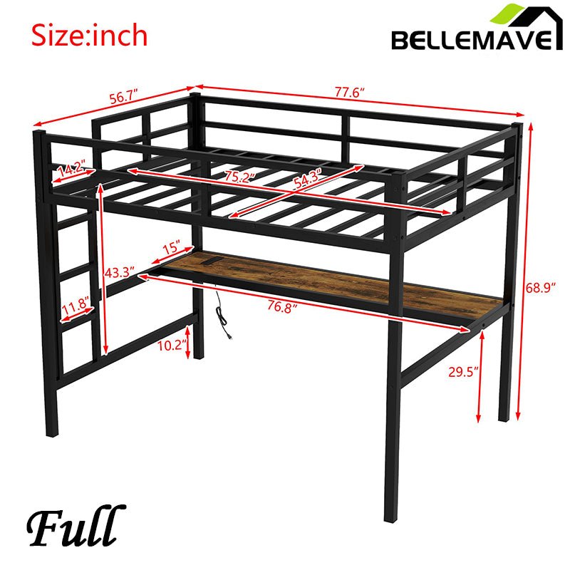 Bellemave® Metal Loft Bed with Power Outlet and LED Lighted - Bellemave