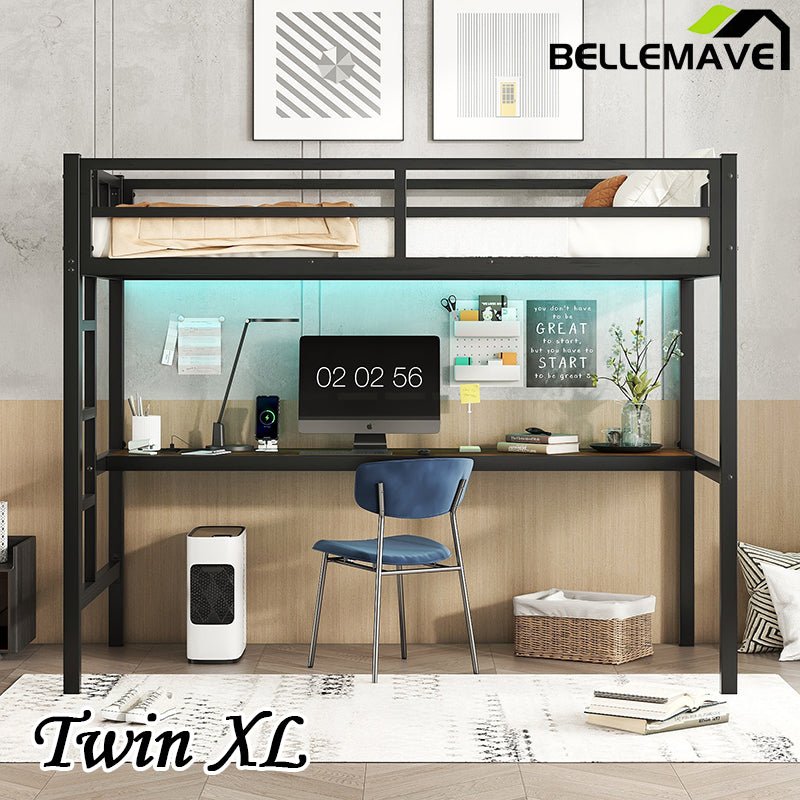 Bellemave® Metal Loft Bed with Power Outlet and LED Lighted - Bellemave