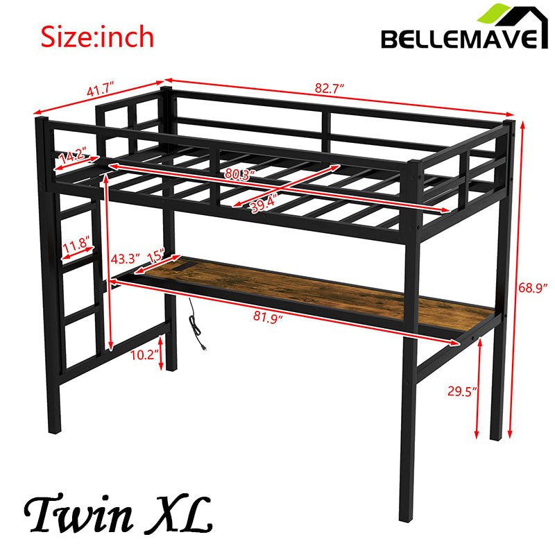 Bellemave® Metal Loft Bed with Power Outlet and LED Lighted - Bellemave