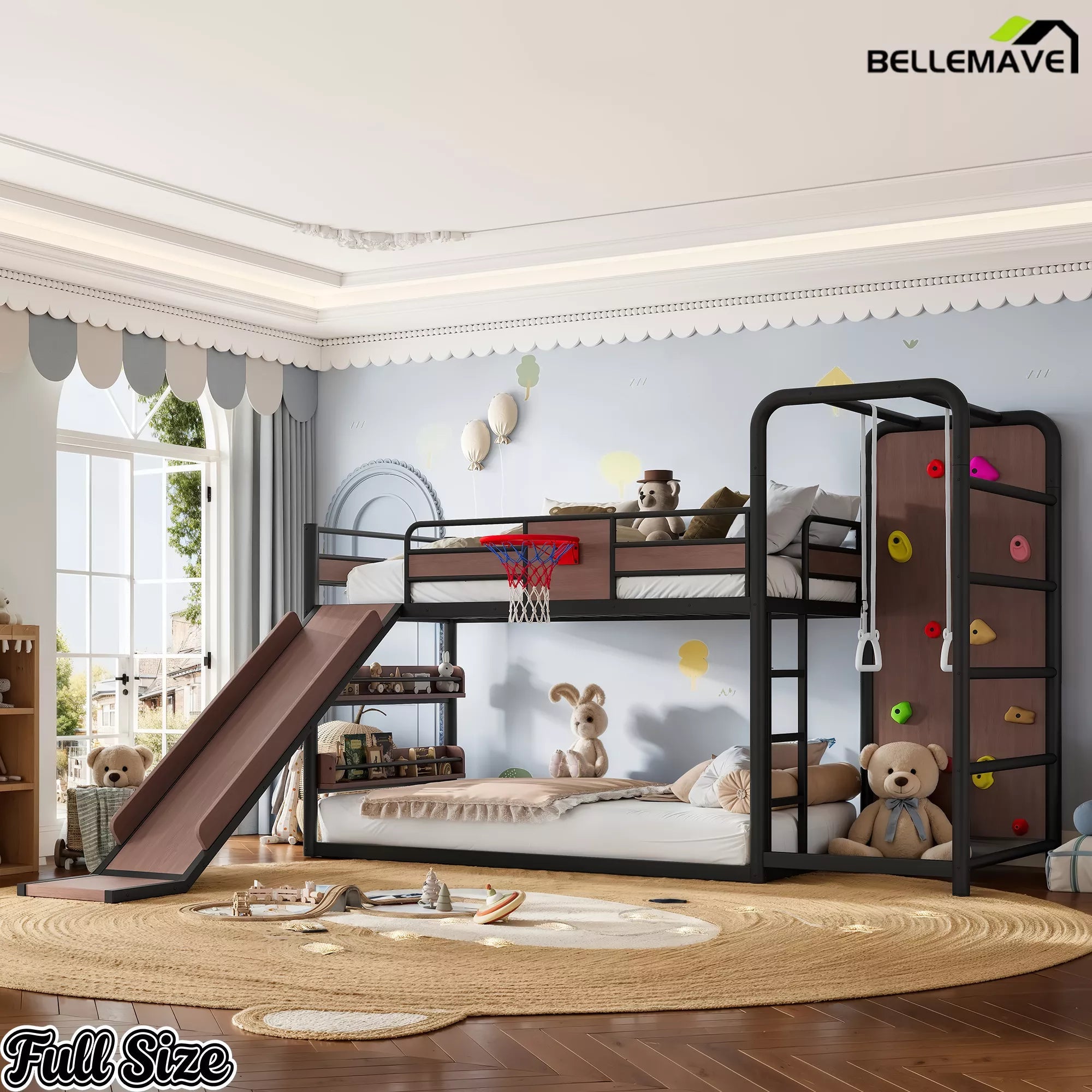 Full metal loft bed with slide and climbing wall activity design