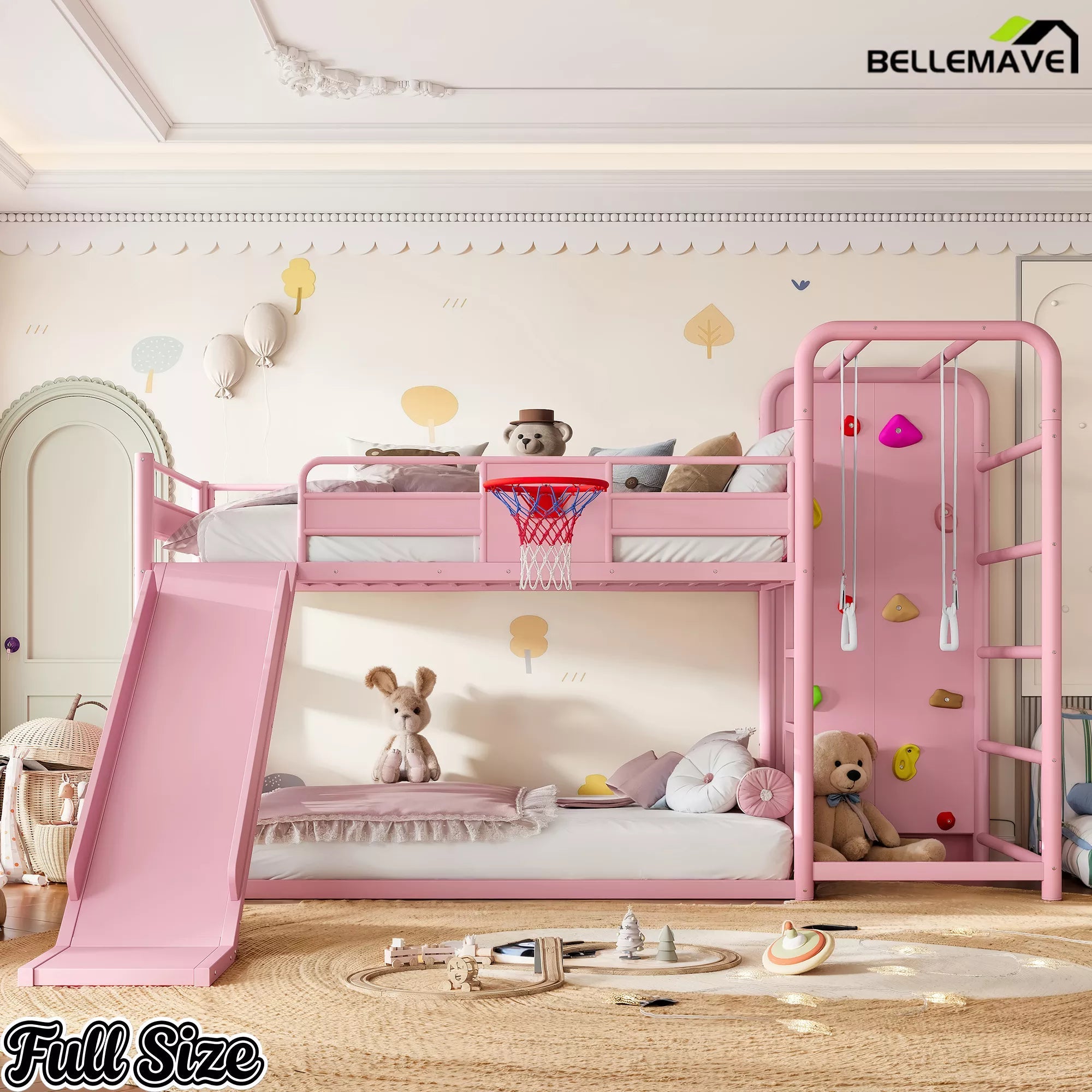 Pink full metal loft bed with climbing wall and children's activity design