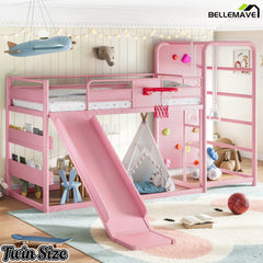 Pink twin metal loft bed with slide and climbing wall for kids