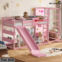 Pink full size metal loft bed with slide and climbing wall for kids bedroom