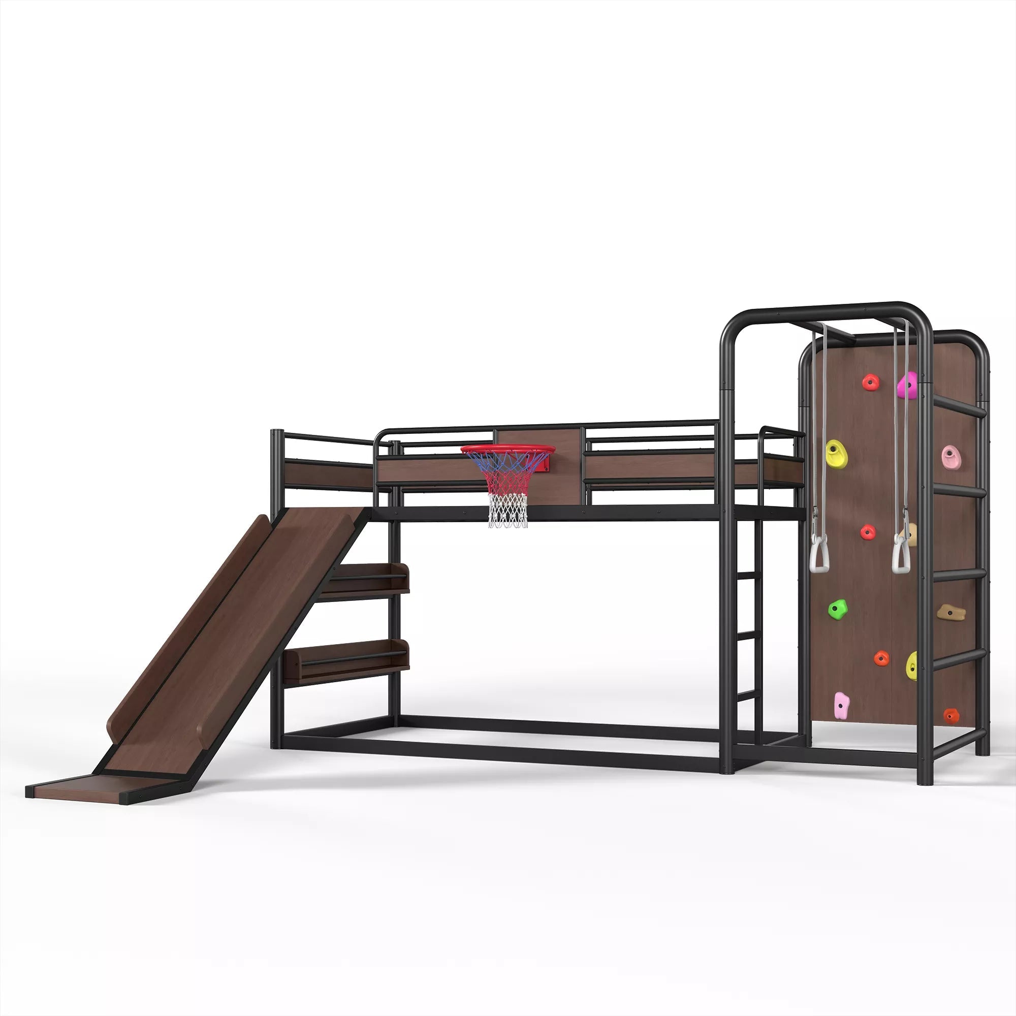 Space saving kids metal loft bed with slide, climbing wall and basketball hoop design