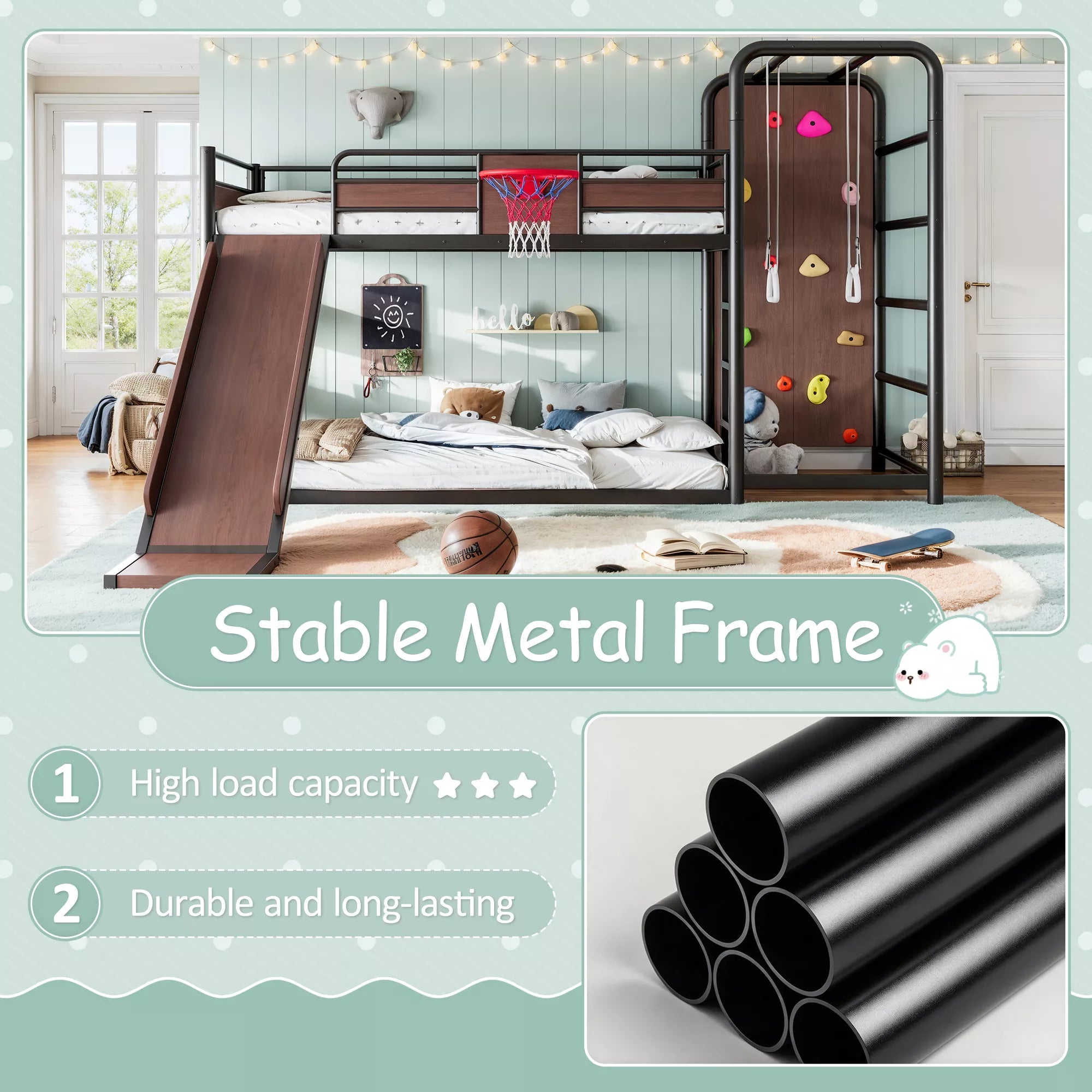 Black twin size metal loft bed frame with sports play features