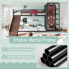 Black twin size metal loft bed frame with sports play features