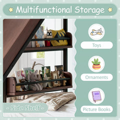 Black twin metal loft bed with slide and climbing wall for kids