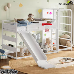 White full size metal loft bed with slide and climbing wall for kids