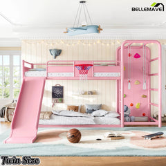 Pink twin loft bed with basketball hoop and slide design