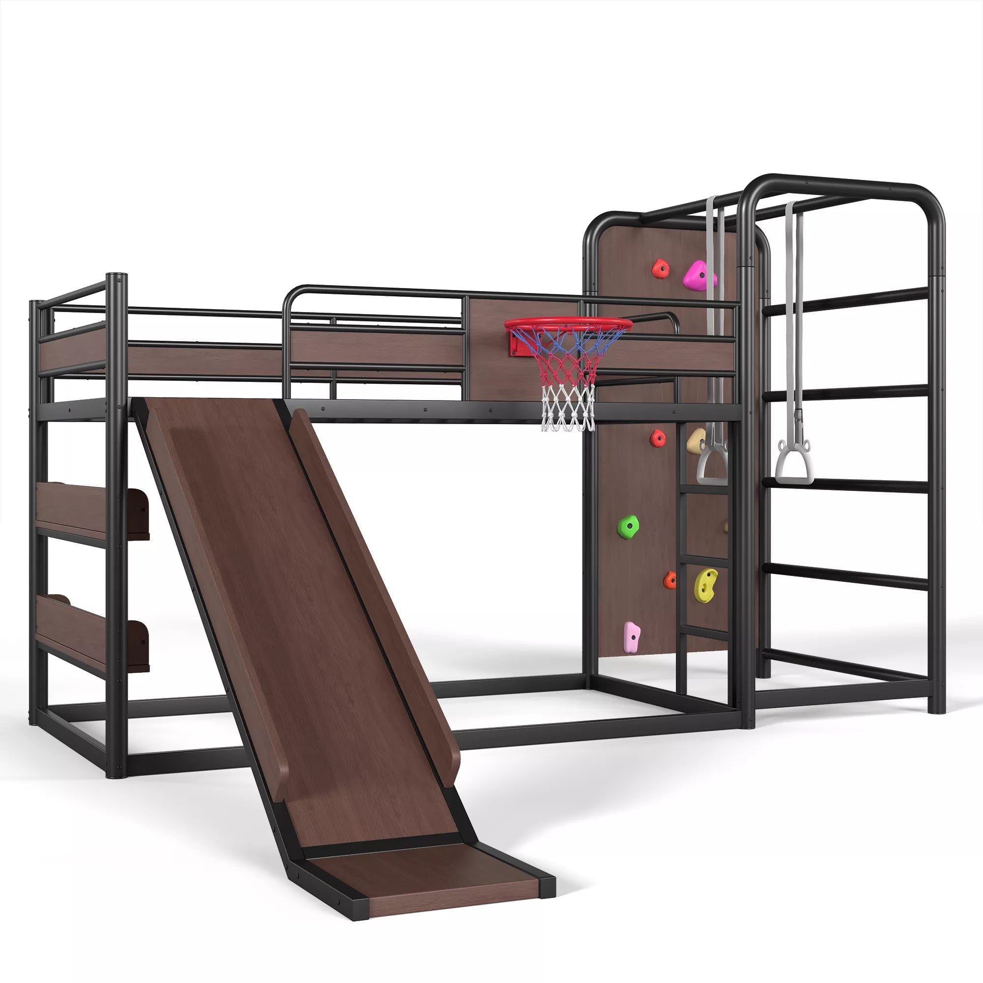 Metal loft bed frame with slide, climbing wall and built-in bookshelf for kids