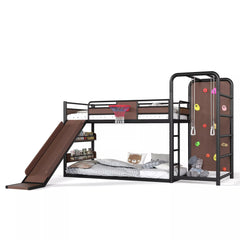 Metal loft bed with slide, basketball hoop, climbing wall and pull-up rings for kids bedroom