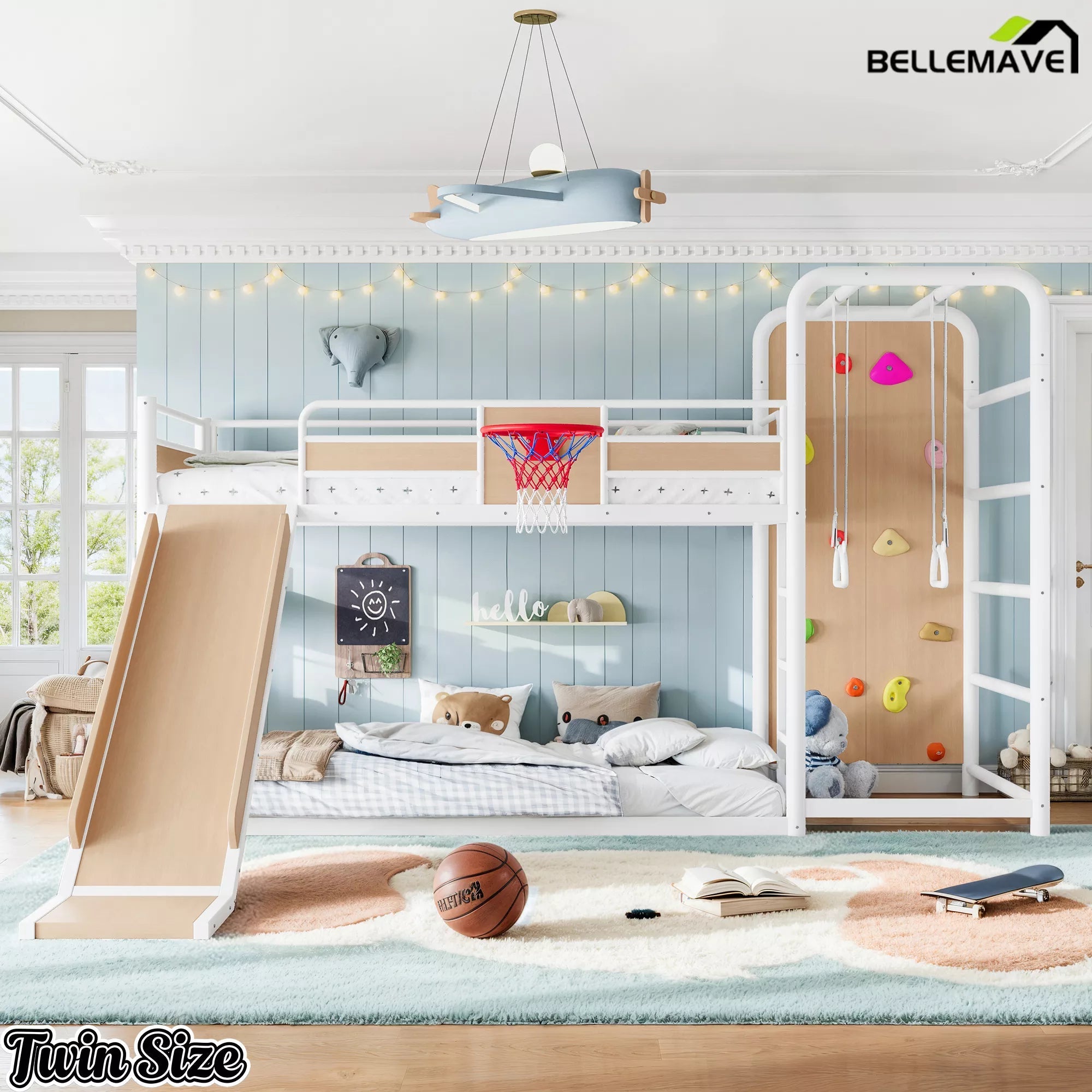 Twin size white metal loft bed with children's play space and slide