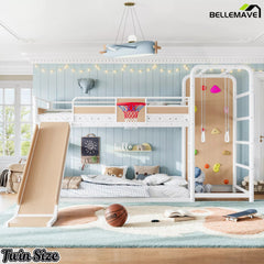 Twin size white metal loft bed with children's play space and slide