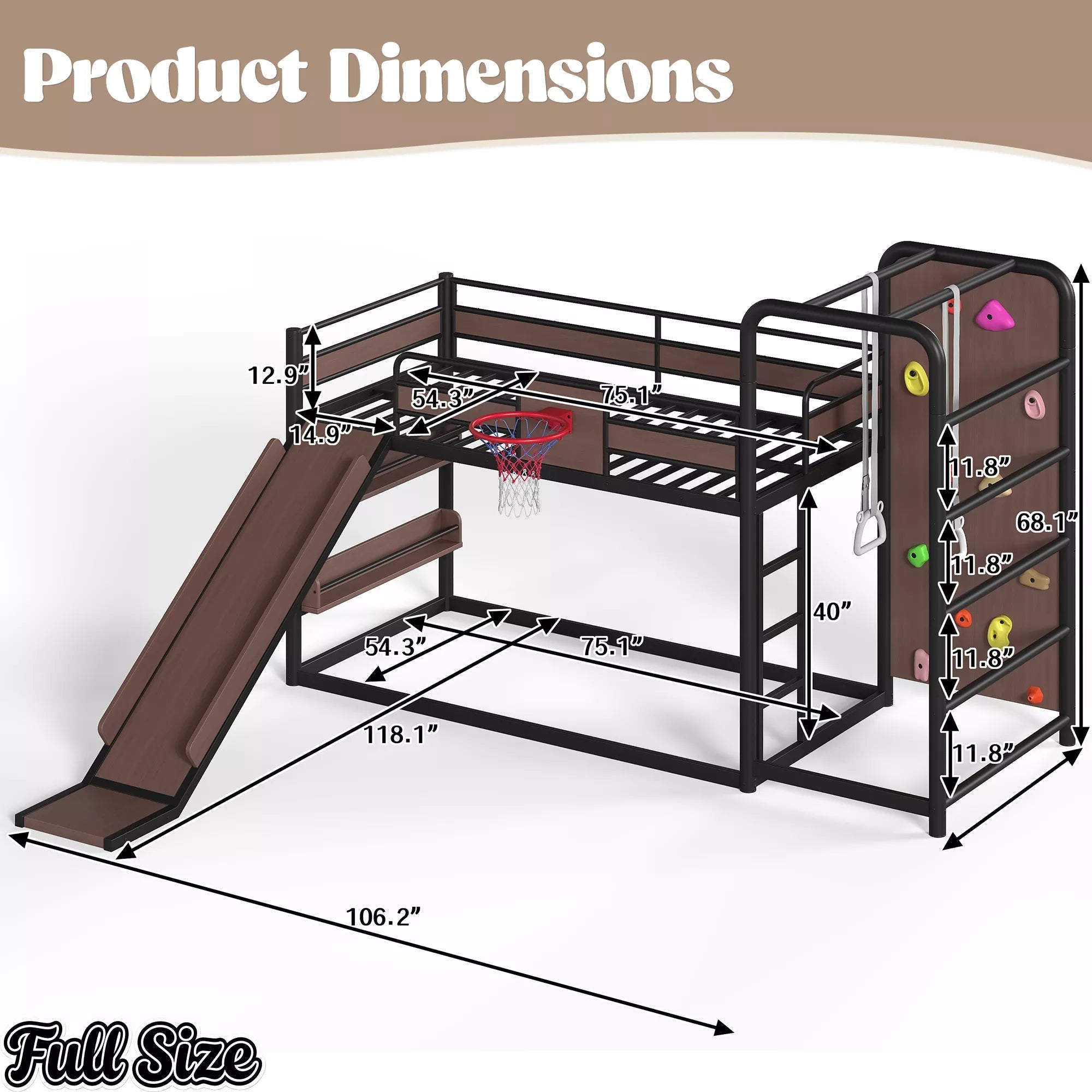 Full size metal loft bed with slide, climbing wall and basketball hoop for kids