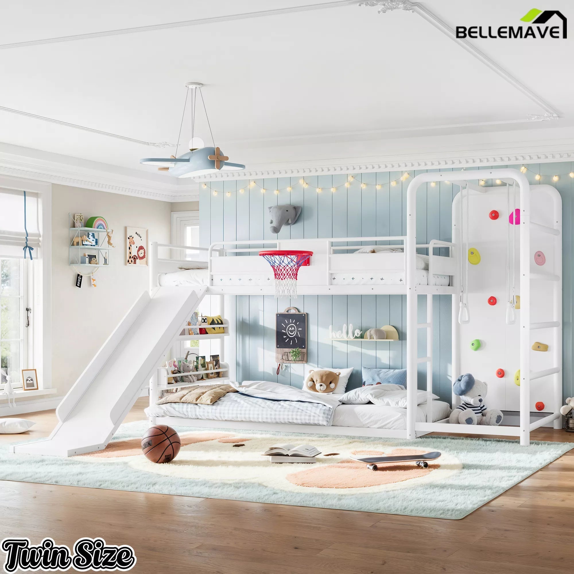 White twin loft bed with basketball hoop and play features