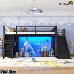 Full size black metal loft bed with ladder, slide and underbed space
