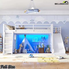 Full size white loft bed with ladder, slide and elevated sleeping platform