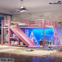 Full size pink loft bed with slide in a bedroom setting