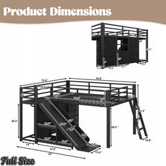 Full size black metal loft bed with slide, ladder, storage drawers and hanging area dimensions