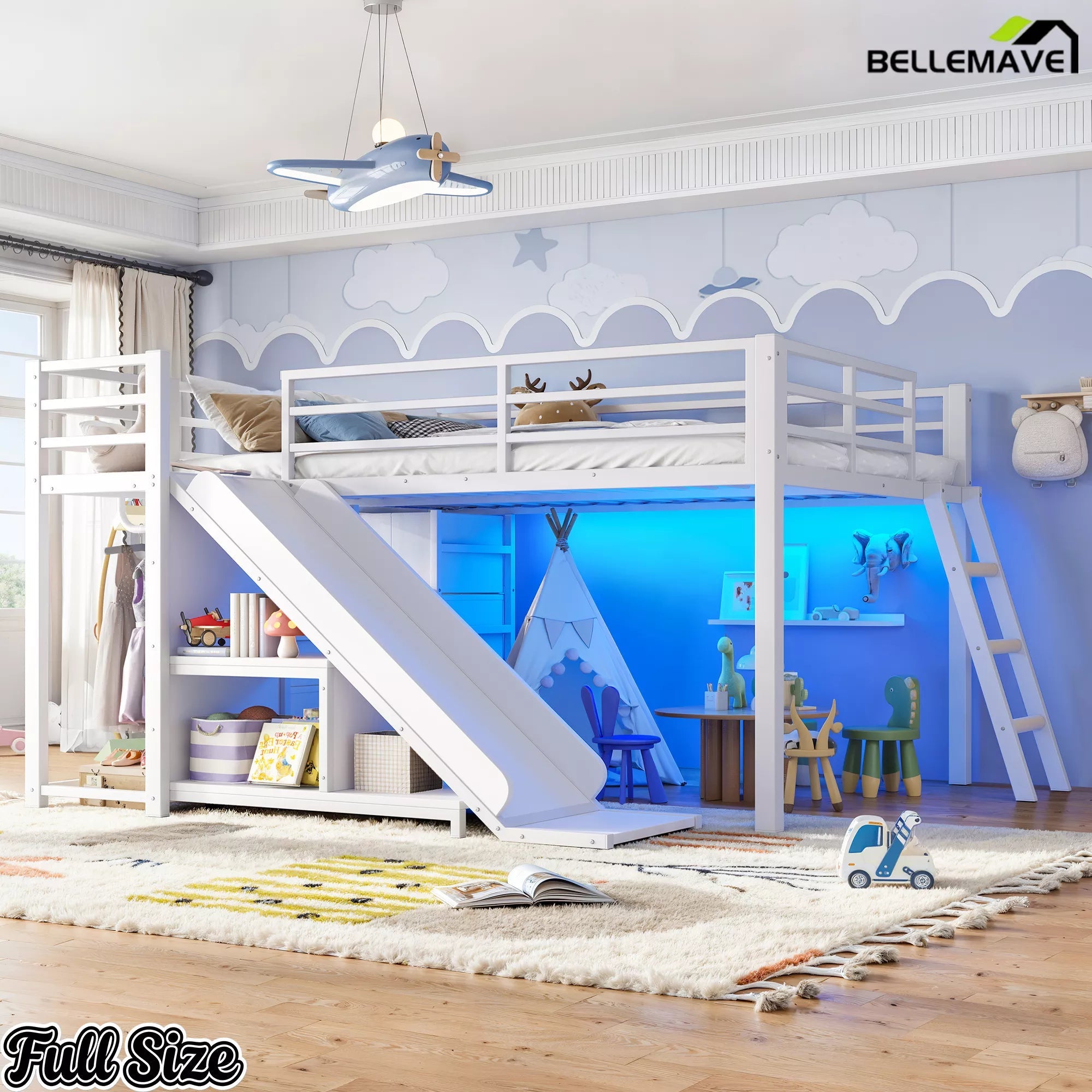 Full size white loft bed with slide and ladder in a bedroom