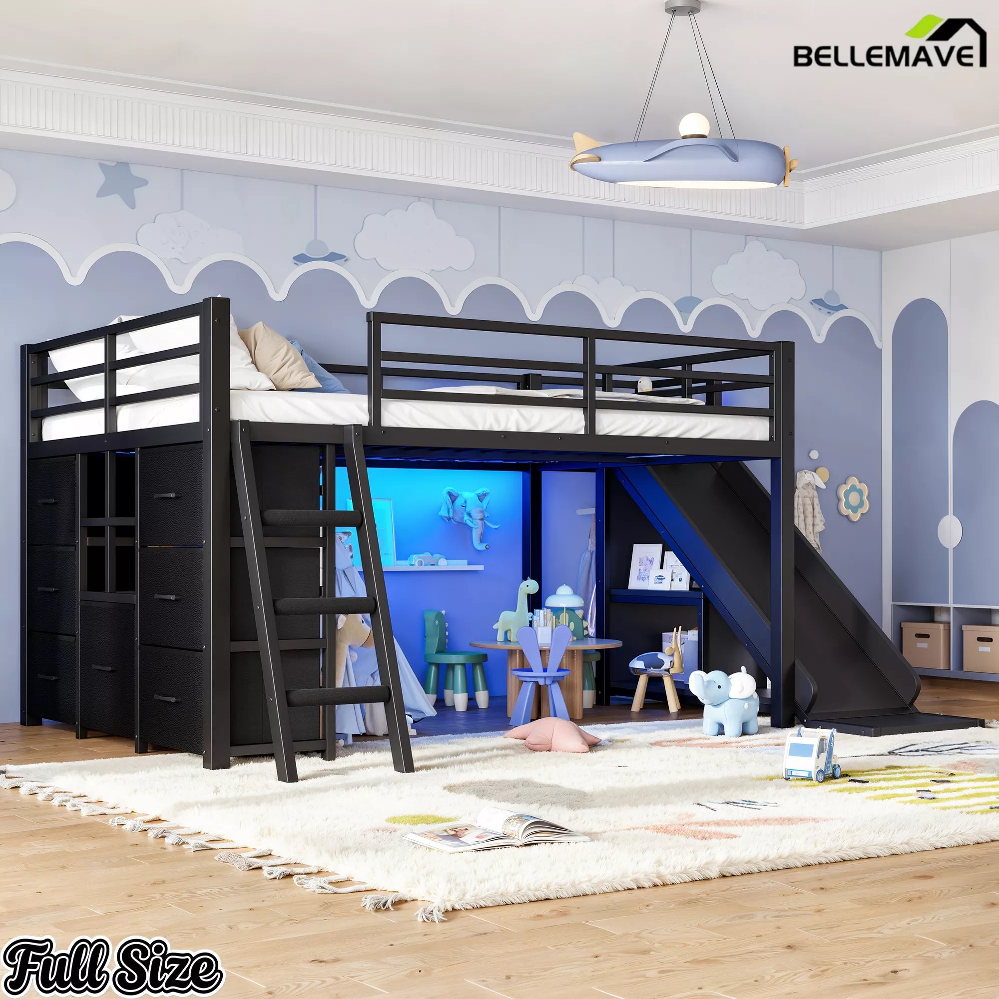 Full size black metal loft bed with storage staircase, slide and open underbed area