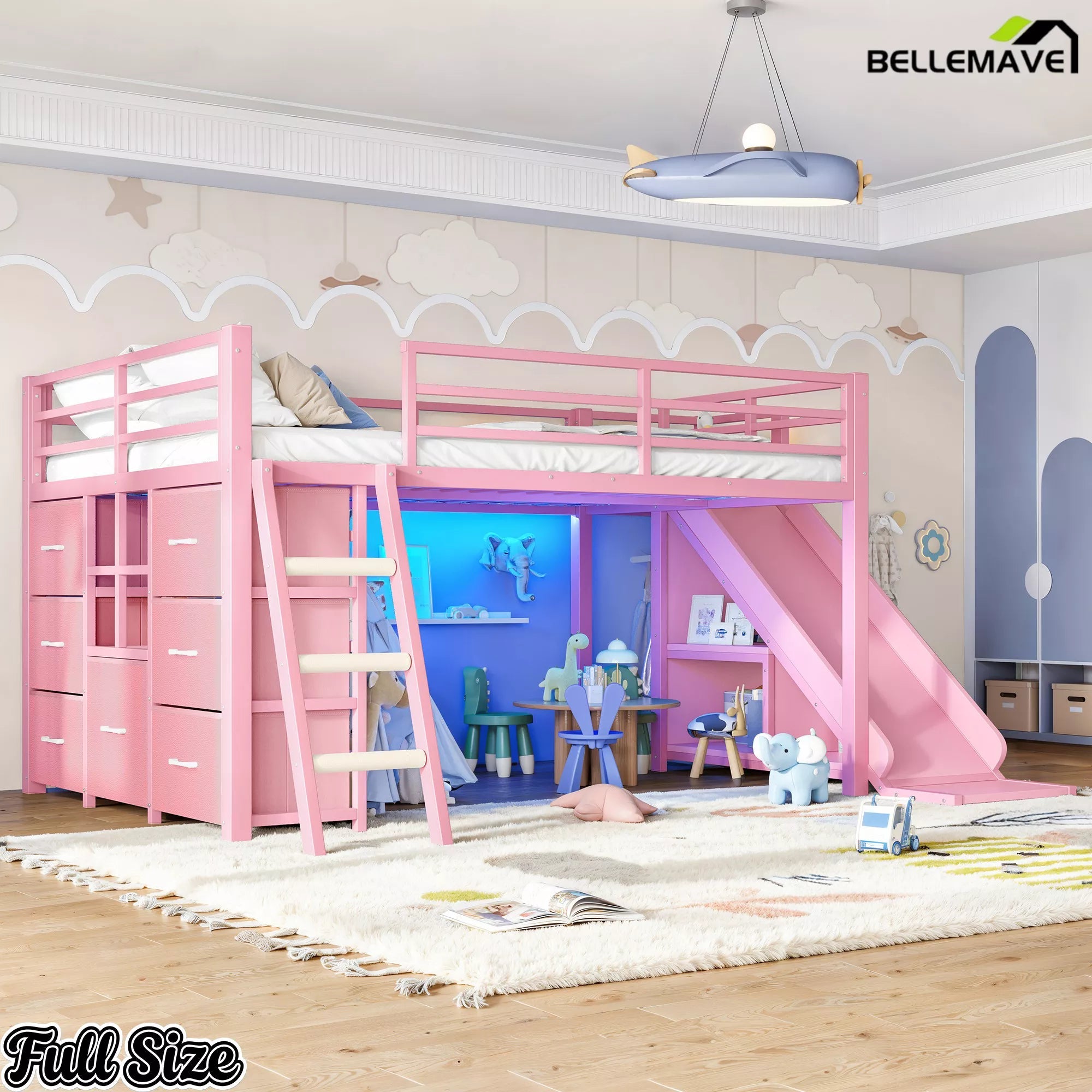 Full size pink loft bed with slide, ladder and elevated sleeping area