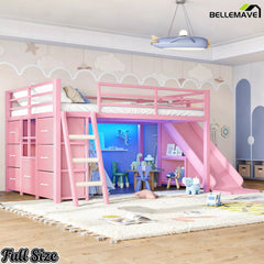 Full size pink loft bed with slide, ladder and elevated sleeping area