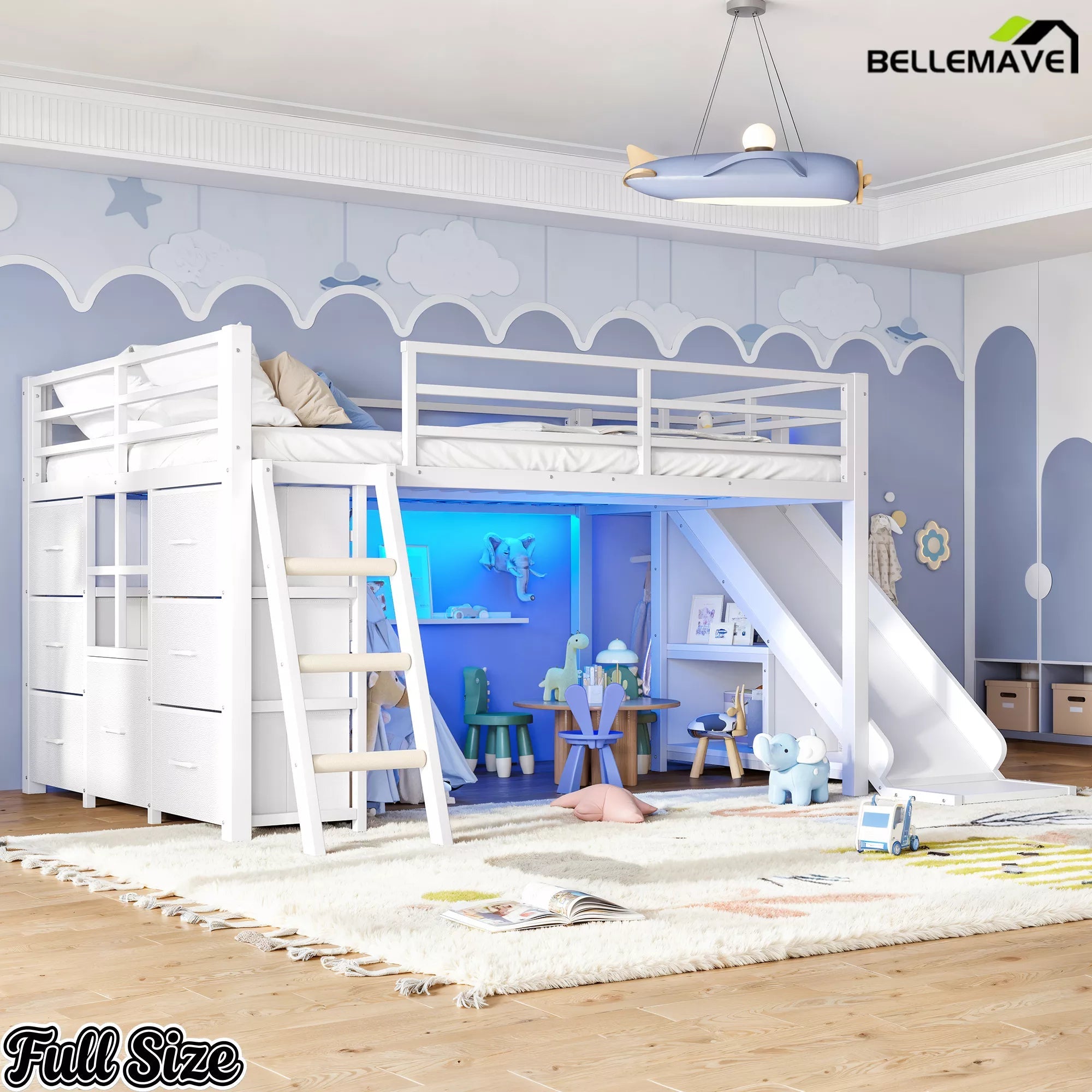 Full size white loft bed with storage staircase, ladder and slide
